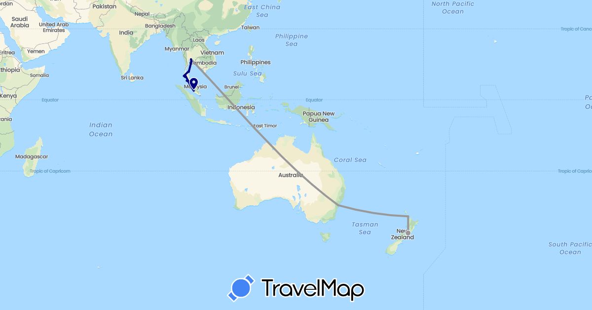 TravelMap itinerary: driving, plane in Australia, Malaysia, New Zealand, Thailand (Asia, Oceania)